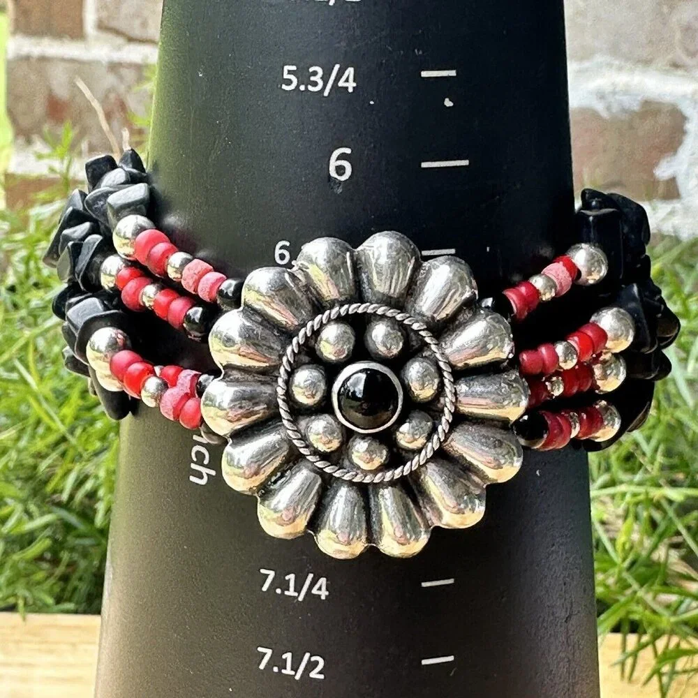 VTG‎ Flower Sterling Silver Bracelet Buffalo Nickel Clasp Black Onyx Red Beads